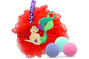 DISNEY Principesse – Set Bagno Ariel La Sirenetta con 3 Bombe Frizzanti Profumate Lampone + Spugna Doccia 3D – Prodotto Ufficiale Disney per Bambini dai 3 Anni
