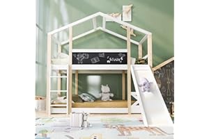 JOROBURO Litera de Madera, Cama Doble Infantil, diseño de casa con tobogán, Escalera y Tablero de Dibujo, litera de Madera Maciza de 95 x 205 cm, litera para 2 niños con protección contra caídas
