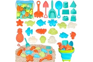 sacemontic 27 juguetes de arena para niños, regalos para escolarización, juego de juguetes de playa con cubo plegable, moldes de arena de viaje, juguetes de playa para niñas y niños