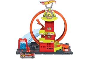 Hot Wheels City with 1 Toy Car, Kid-Powered Elevator, Water-Like Ramp, Track-Play Features, Connects to Other Sets, Fire Station with Super Loop, HKX41