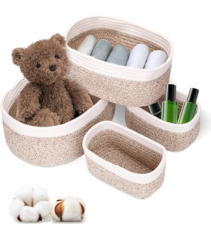 Juego De 7 Cestas De Almacenamiento De Cuerda De Algodón Tejidas - Blanco | Organizador Para Baño, Guardería Y Estantes