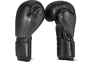 Amazon Basics Guantes de Boxeo de Cuero Sintético para Hombres y Mujeres - Guantes de Entrenamiento para Sparring, MMA, Muay Thai - Diseño Ergonómico y Transpirable con Soporte de Muñeca - Negro - 1