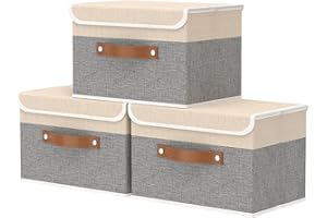 OUTBROS Scatole Portaoggetti con Maniglie, Contenitori Pieghevoli con Coperchio, Organizzatori per Vestiti, 38 x 25 x 25 cm, 3 Pezzi, Grigio/Beige