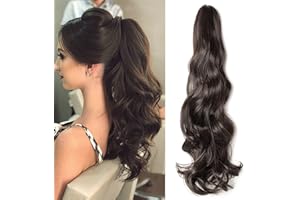 Silk-co 18 Pouces Postiche Queue de Cheval Ondulé Extension de Cheveux Queue de Cheval Synthétique Attaché Par Pince Claw On Ponytail Extension, Marron Foncé