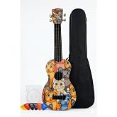 Soprano Ukulele, Kedi Desenli, Renkli &Ccedil;izimli, 4 Telli M&uuml;zik Aleti, Dekoratif &Ccedil;ocuk ve Yetişkin M&uuml;zik Enstr&uuml;manı