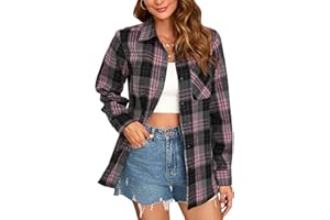 Stamain Womens Flannel Checked Shirts Casual Long Sleeve Plaid Shirt Ladies Classic Check Blouses Top with Pockets