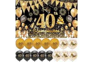JENICH (1+15) Decoración para Cumpleaños 40 Escrita en Español 1 Pancarta Feliz Cumpleños 40 Decoración 40 Años Negro Oro Happy Bithday Fondo Cartel con15 Globos para Cumpleaños Adornos Kit para Cumpleaños