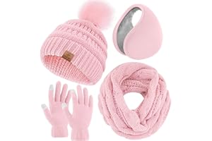 URATOT Winter Warm Sets Gestrickter Schal Beanie Pompon Mütze Touchscreen Handschuhe und Winter Ohrenwärmer Set für Männer oder Frauen