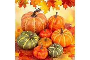 HAKACC Konstgjort pumpor-set, 7 olika falska pumpor med 30 ark konstgjorda lönnblad för thanksgiving halloween festdekoration