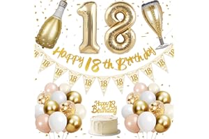 LYUET 18th Birthday Decorations, Happy 18th Birthday Banner, 40 inches 18 Foil Balloons, Champagne Golden Bottle and Glass, Gold, Pink, White and Confetti Balloons, 18th Party Decorations for Girls