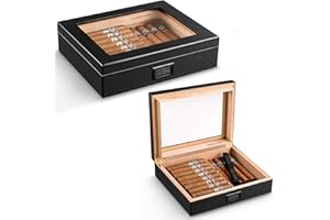CIGARLOONG Zigarren Humidor Glasplatte aus Kohlefaser aus Holz mit elektronischem Hygrometer und Luftbefeuchter für 25-35 Zigarren