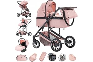 Gcarebb Poussette 3 en 1, Poussettes Citadines Avec Siège Auto, Poussette Canne Poignée Réglable en Hauteur, Poussettes Combinée Paysage Haut Cadre en Aluminium Convient Pour 0-4 Ans