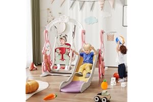 TIMORWTF Tobogán infantil 4 en 1, diapositiva para el aspecto del conejo, conjunto de columpio y tobogán para niños, con columpio, deslizante, soporte de baloncesto, bola rosa
