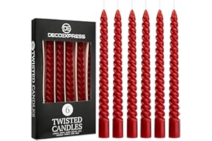 DECO EXPRESS Stabkerzen Set 3er oder 6er Tropffreie Stabkerzen Gedrehte Spiralkerzen Bunte Kerzen Brenndauer 6 Stunden Unparfümiert (Rot, 6er-Pack)