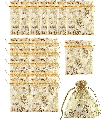 25 Sacchetti Regalo In Organza Con Coulisse, Motivo Floreale Dorato, 10x15 Cm, Per Bomboniere E Gioielli