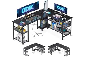 ODK L Shaped Gaming Desk, 150 x 102 cm Reversible Computer desk with 2 Sockets and 2 USB Charging Ports, Corner Desk with Storage for Home Office Black