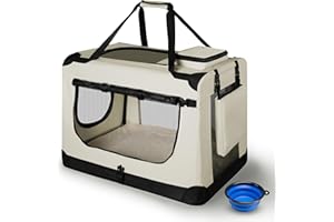 Juskys Hundetransportbox Lassie M faltbar & tragbar 42x60x44 cm mit Decke, Tasche & Griffen - Faltbare Transportbox für Hunde, Katzen & Haustiere - Oxford Stoff Hundebox Auto Hundetasche - Beige