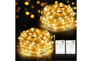 Suright Guirnalda Luces, 2 x 12M Luces LED Pilas Impermeable Exterior Interior, 120 LED Cadena Luces LED Decoración para Navidad Guirnalda Jardín Habitación Terraza Pared Cortina - Amarillo Cálido