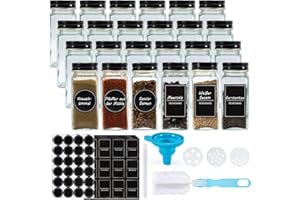 Cheerhom Set de 24 Pots à épices Carrés de 120ml, Récipient en Verre pour épices, Organisateur d'épices,Contient une Pochette de Dispersion, étiquette, Entonnoir, Bocaux à épices