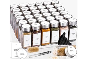Deco Haus Juego 36 Tarros Especias con Tapa Rosca - Etiquetas, Embudo, Cepillo, Marcador - Va con Nuestros Estantes para Condimentos - Almacenamiento y Dispensador Vidrio Transparente 120ml 10.5x4.3cm