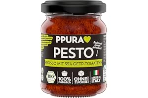 ‎PPURA PPURA Bio Pesto Rosso mit 35% Sonnengetrockneten Tomaten | Rotes Pesto mit Parmigiano Reggiano & nat. Olivenöl Extra | Nudel-Soße Made in Italy | 100% Natürlich Ohne Zusatzstoffe | 120g Glas