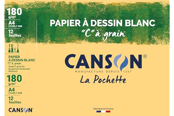 CANSON "C" à Grain - Pochette 12 feuilles de papier dessin blanc A4 - 180g/m²