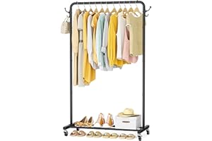 HOMIDEC Clothes Rail, Metal Clothes Rack with 4 Side Hooks, Bottom Storage Shelf and Wheels, Heavy-Duty Clothing Rail Holds Up to 40kg, Clothes Rails for Bedroom, Hallway, Clothing Stores, Black