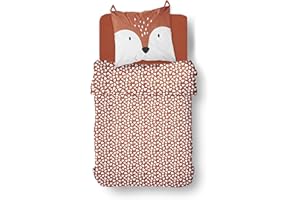 Familando Biancheria da letto per bambini, colore rosso, 135 x 200 cm, 80 x 80 cm, divertente volpe con orecchie, 100% cotone rinforzato di qualità con chiusura lampo
