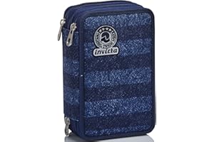 Invicta Astuccio 3 Zip, Completo di Matite, Pennarelli ETC.., Scuola Media Elementare, Bambini e Ragazzi, Blu (Stripes Texture Blue)