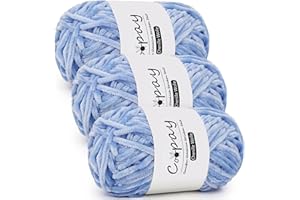 Coopay Lana de chenilla para ganchillo – 3 x 100 g de hilo aterciopelado, gruesa y mullida, para mantas, bufandas, color azul cielo
