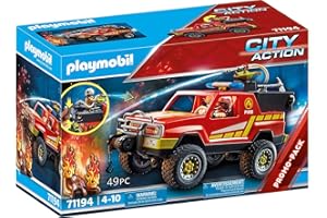 Playmobil 71194 Pick-up et Pompier - City Action - avec Un Personnage, Un Pick-up avec treuil et attelage Ainsi Que des Accessoires - Ville & Métiers - Dès 4 Ans