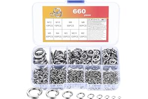 AIOUHMYM 660 Pcs Rondelles Metal, Rondelles Plates, Rondelles à Ressort, Rondelle en Acier Inox, Rondelles de Blocage Fendues en Spirale, Rondelles à Créneau DIN 127 Forme B, M2 M2.5 M3 M4 M5 M6 M8 M10 M12