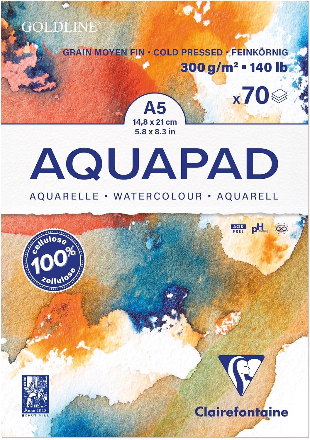Clairefontaine 975720C Bloc Encollé Goldline Aquapad - 70 Feuilles Papier Aquarelle Blanc Grain Moyen Fin A5 14,8x21 cm 300g