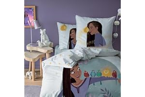 OMYDREAM Disney Wish Asha Parure de lit imprimée Enfant | 100% Coton | OEKO-TEX | Housse de Couette 140x200 et taie d'oreiller 63x63 cm | Bleu