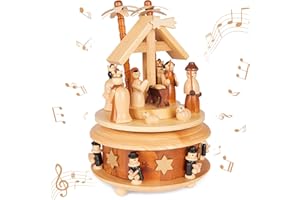 Brubaker Carillon in Legno - Presepe con Gesù, Maria e Giuseppe - Melodia: Astro del Ciel - Carillon Natalizio da 19 cm - Carosello Musicale con Stella di Betlemme e Cantori - Marrone Natura