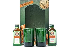 BEAMS INTERNATIONAL Jagermeister x 2 Official Miniatures Shot Bottles 2cl and x 2 Shot Glasses - Alcohol Bottles and the Perfect Jager Gift Set