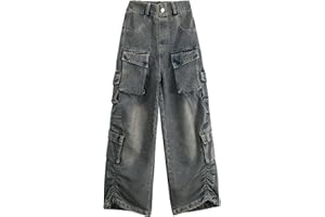 Rolanko Jeans Cargo da Bambina, Pantaloni Larghi Ragazze a Vita Alta Elasticizzati in Denim Vintage con Tasche Multiple