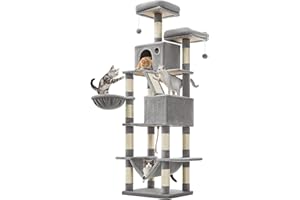 Feandrea large cat tree, 206 cm high, XXL cat tree, with 13 scraping posts, 2 platforms, 2 caves, basket, hammock, plush balls, multi-tier cat scratching post, light grey PCT190W01