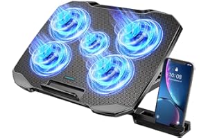 LIANGSTAR Laptop Cooling Pad, Laptop Cooler with 3&5 Quiet Cooling Fans with Phone Holder for 12-17.3 Inch Laptops, Anti-slip Baffles, 5 Height & Fan Speed Adjustable, 2 USB Port & Blue Led Light (5fans)