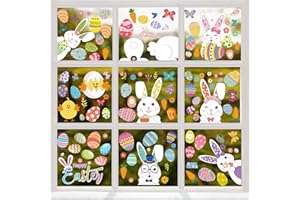 Hianjoo 130 PCS Easter Window Cling, 9 Sheets Easter Bunny Window Stickers PVC Static Stickers with Rabbit, Eggs, Carrot, Egg Basket, Flower Wreath, Flower, Butterfly for Easter Decoration