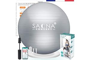 Saona Concept Ballon Fitness 55, 65 ou 75 cm avec Pompe | Ballon Gym, Pilates, Grossesse, Yoga, Kinésithérapie | Gym Ball ou Swiss Ball idéal pour Assise Bureau | Jusqu'à 300kg