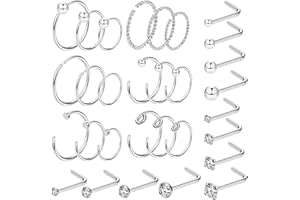 OUFER Body Piercing Set di 30 piercing per naso da 20 g, in acciaio inox 316L, a forma di L, per naso, a forma di C, per donne e uomini, Acciaio inossidabile