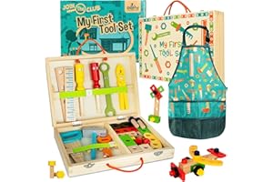 Cheerful Children Toys High-Grade Kids Tool Set - 36 Pcs Wooden Tool Set for Kids 3-7 - Include Portable Tool Box & Adjustable Apron - DIY Gift for Young Builders - Play Tools for Creativity & Fun