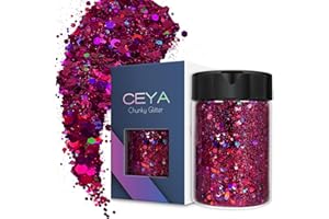 Ceya Holographic Chunky Glitter, 3.5oz/ 100g Fuchsia Craft Glitter Powder Mixed Chunky & Fine Flakes Iridescent Nail Sequins for Nail Art, Hair, Epoxy Resin, Tumblers, Slime, Painting, Festival Decor