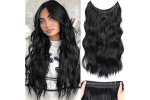ALILEADER Halos black Hair Extensions with Transparent Wire, Invisible Wire Hair Extensions with 5 Adjustable Sizes, 20 Inch Synthetic Long Wavy Hair Pieces for Women (Color: Black)