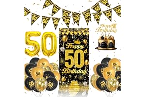 QIFU 50th Birthday Decorations Set - Black And Gold Birthday Balloons, Banners, Cake Topper, 50th Balloons For Men Women Party Decorations Supplies