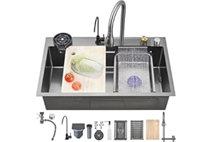 Ribanedy fregadero cascada multifuncional 80 x 45 cm, gris oscuro, fregadero cocina 1 seno inoxidable con grifo rociador abatible, lavavasos y set de accesorios