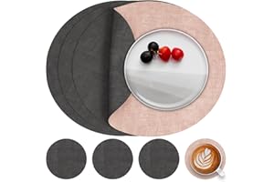 Myir JUN Tovagliette Americane e Sottobicchieri Set di 4, Tovagliette Rotonde 36 cm Tovagliette Colazione Plastica in Pelle Tovaglietta Americana Impermeabile Lavabili (Grigio Rosa, Set di 4)