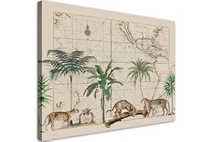 Feeby 1 parti Quadro Canvas 45x30 cm Giungla Esotico Mappa Palme Immagine da parete Foto d'Arte Decorazione Murale Corridoio Natura Foglie Animali verde