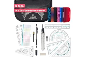 ‎CALCUSO CALCUSO Geometrie Set Pro – 15-teiliges Geodreieck Set mit Zirkel mit Feststellrad, Lineal, Radiergummi und Anspitzer in schwarzer Federmappe – ideal für Schule, Uni, Büro, Zirkel ab 4. Klasse